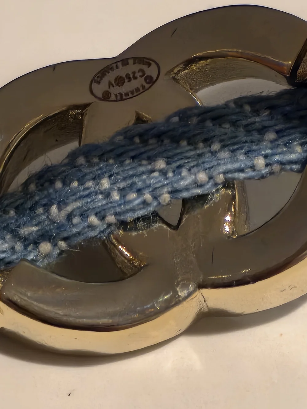 Chanel Silver Chain Bracelet with Light Blue Woven Band